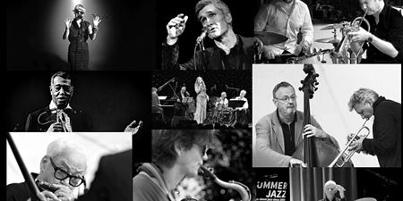 Collage med sort hvide billeder af folk der spiller på instrumenter.